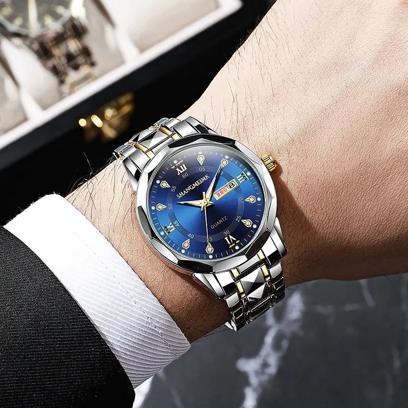 Mens Quartz Watch with Rivet steel band & day/week display