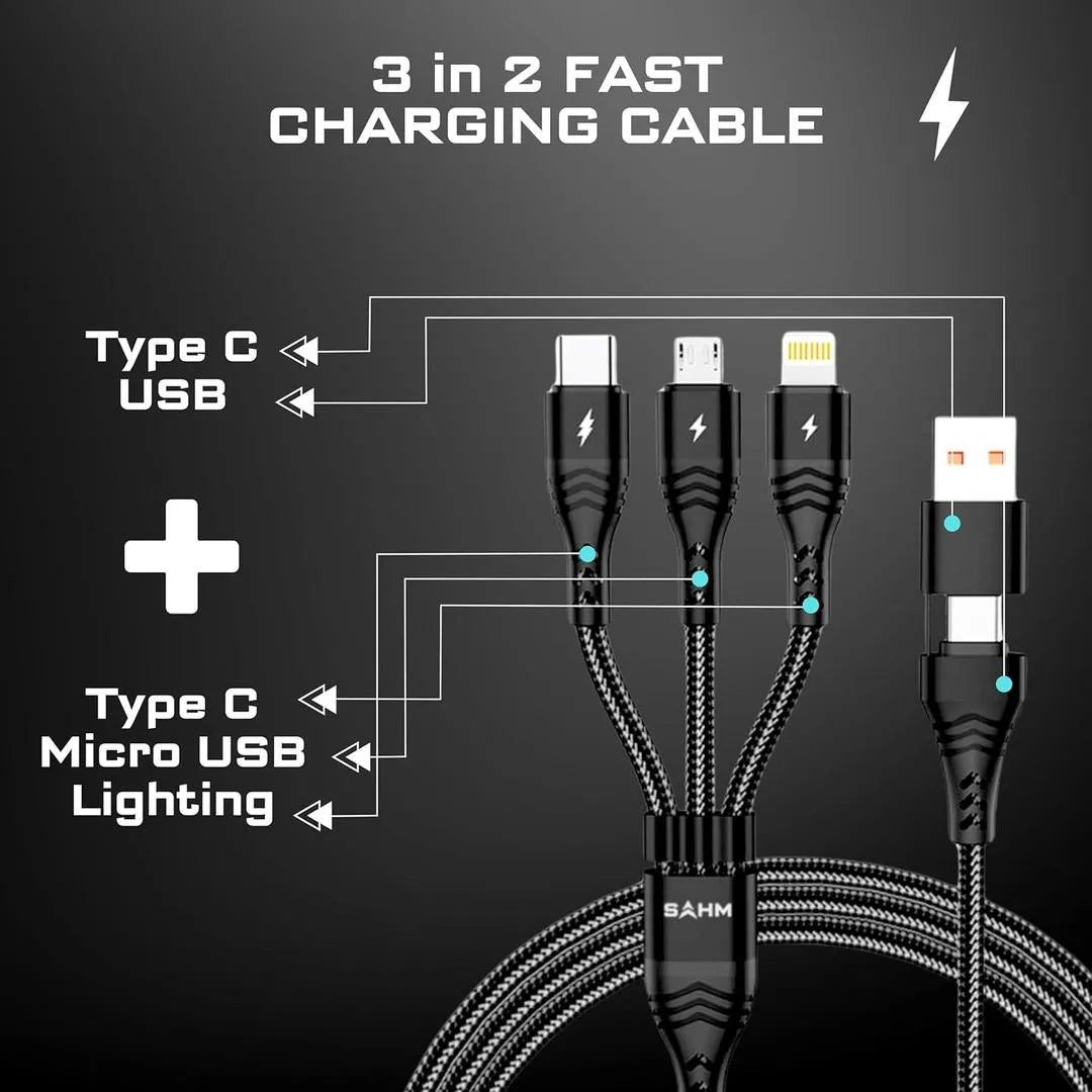 3 in 1 fast charging cable Type C lightning USB Black
