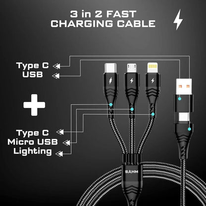 3 in 1 fast charging cable Type C lightning USB Black