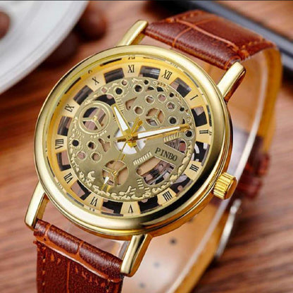Men's Gold leather watche with Roman dial