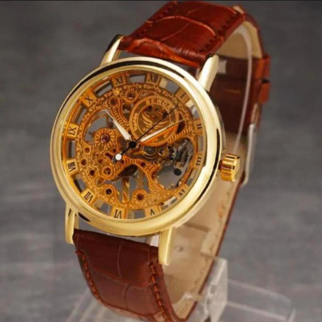 Men's Gold leather watche with Roman dial