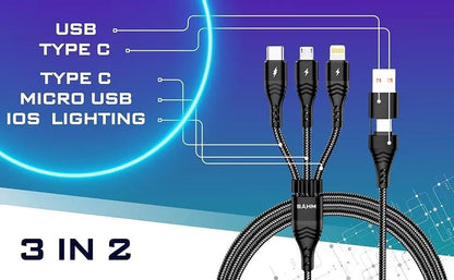 3 in 1 fast charging cable Type C lightning USB Black