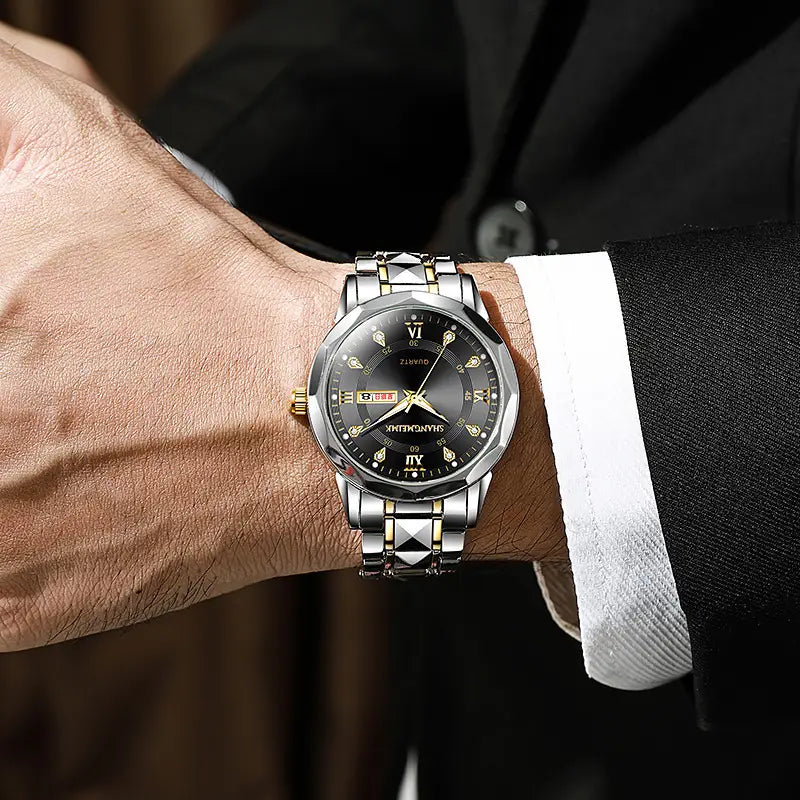 Mens Quartz Watch with Rivet steel band & day/week display